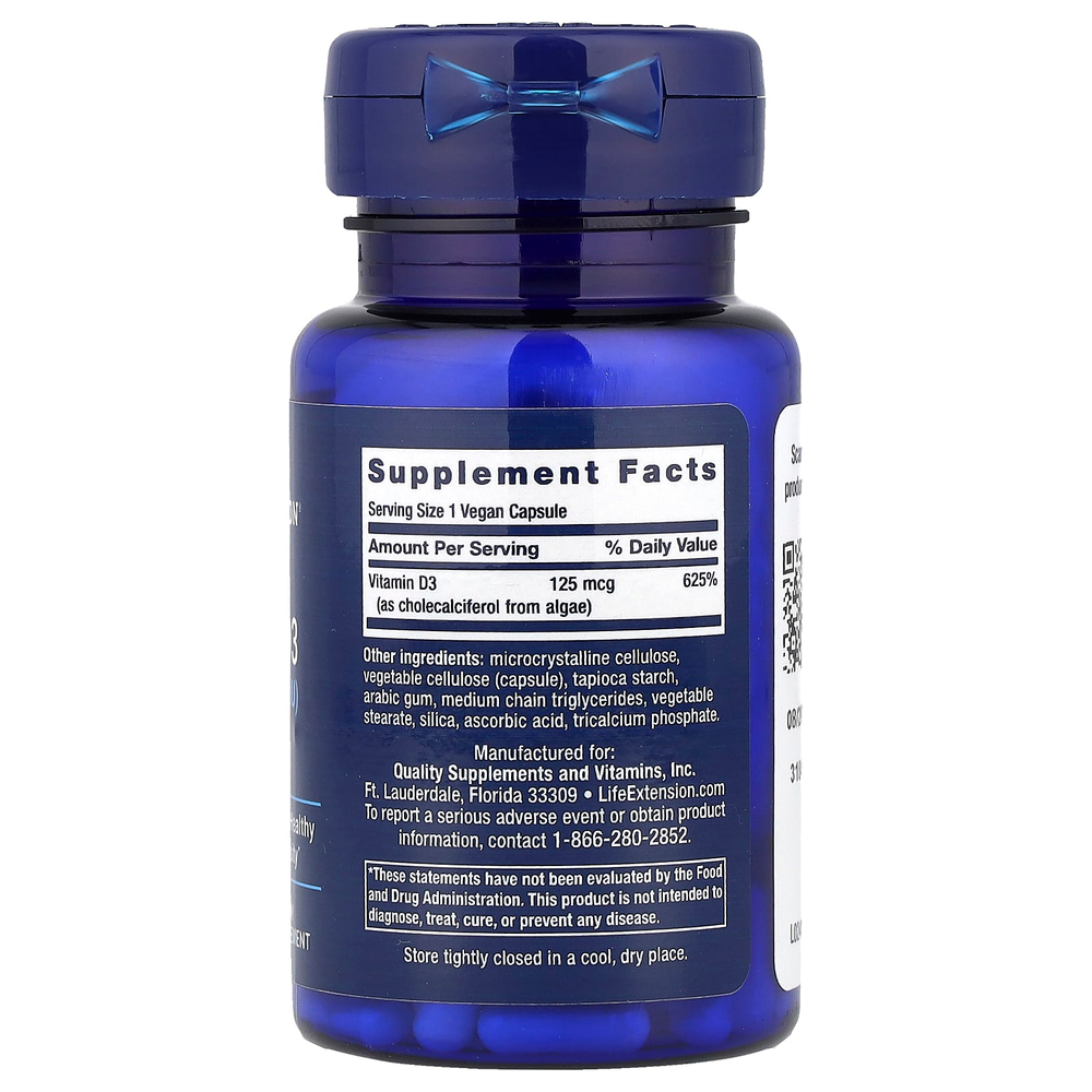 Life Extension, Веганский витамин D3, 125 мкг (5000 МЕ), 60 веганских капсул