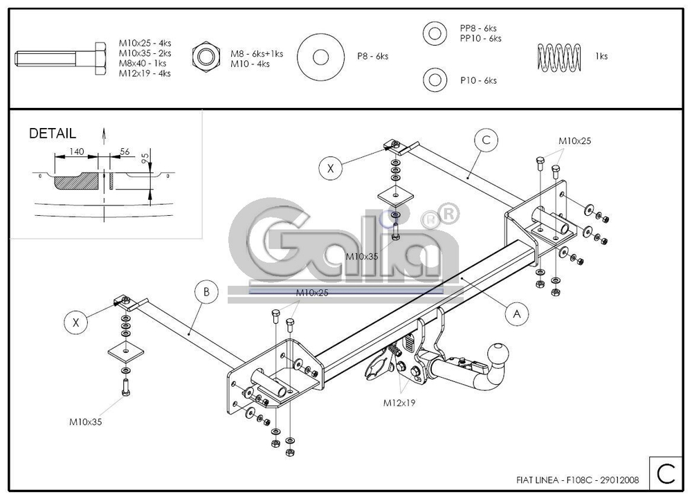 Фаркоп оцинкованный Galia F108A для FIAT Linea 2007-2015(паспорт и сертификат в комплекте)(без электрики)