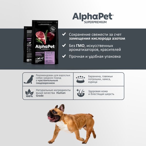 Уценка! Срок 03.08.26/ Сухой корм AlphaPet Superpremium для взрослых собак средних пород с чувствительным пищеварением с бараниной и потрошками
