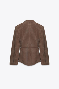 ZARA БЛЕЙЗЕР В ПОЛОСКУ С ПОДПЛЕЧНИКАМИ И ТОНКИМ ПОЯСОМ, КОРИЧНЕВЫЙ/ЭКРЮ