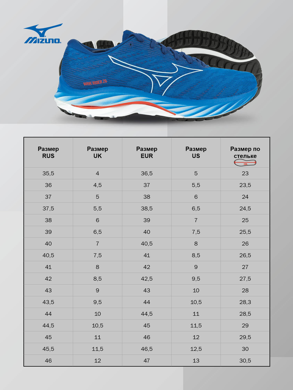 СЦ*Кроссовки бег. MIZUNO Wave Rider 26, J1GC2203-05,р.UK10.5 (рос.44.5), полиэст.,нейлон,EVA,резина