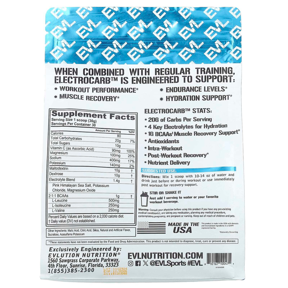 EVLution Nutrition, ElectroCarb ™, голубая малина, 900 г (31,75 унции)