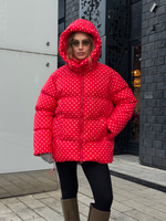 Пуховик Рокет миди красный в горох