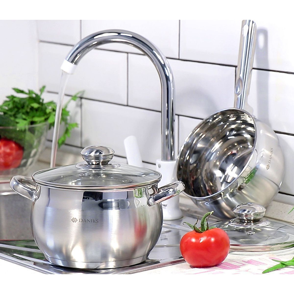 Кастрюля нерж, 2.9 л, с крыш, крышка стекло, Daniks, Классика, SD-18, индукц