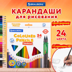 Карандаши цветные BRAUBERG PREMIUM 24 цвета + 2 чернографитных карандаша, трехгранные, грифель 3 мм.