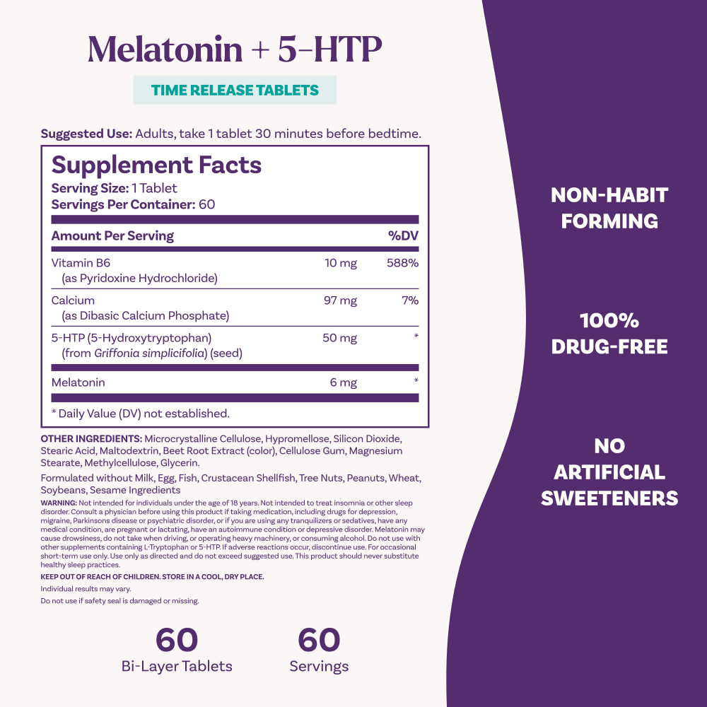 Natrol, мелатонин + 5-HTP, с замедленным высвобождением, 60 двухслойных таблеток