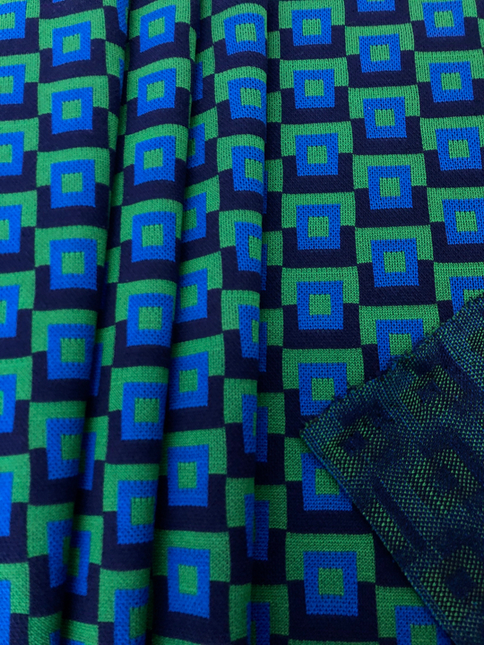 Трикотаж принт геометрия, зеленый, синий, черный, вискоза ROYCE