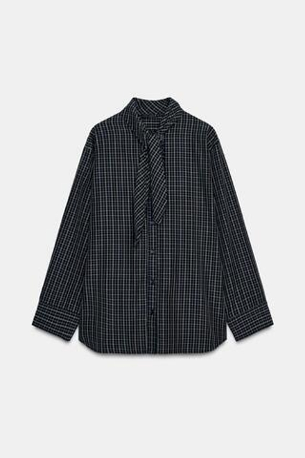 ZARA РУБАШКА В КЛЕТКУ С ХЛОПКОВЫМ ПЛАТКОМ, ЧЕРНЫЙ/ЭКРЮ