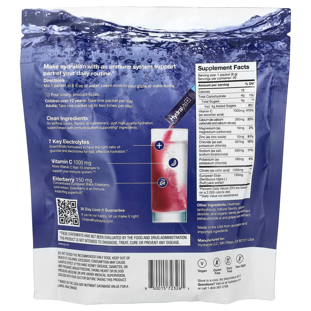 Hydralyte, Hydralyte Plus +, порошок с шипучим электролитом, ягодный вкус, 20 пакетиков по 9 г (0,31 унции)