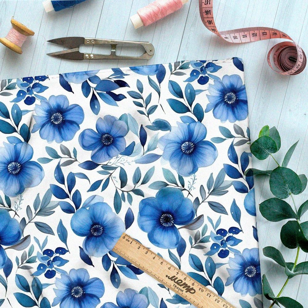 Ткань премиум дюспо голубая цветочная фантазия