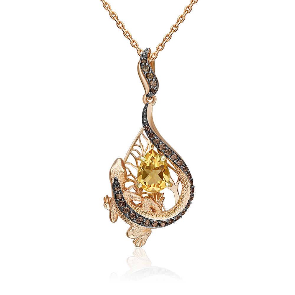 Подвеска «Золотистая ящерица» из красного золота с цитрином и кварцем дымчатым