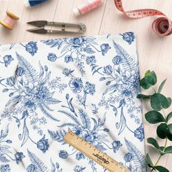 Ткань флис синие листья и цветы