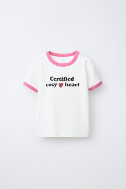 ZARA ФУТБОЛКА В РУБЧИК С КОНТРАСТНЫМ ТЕКСТОМ, ПАСТЕЛЬНО-РОЗОВЫЙ