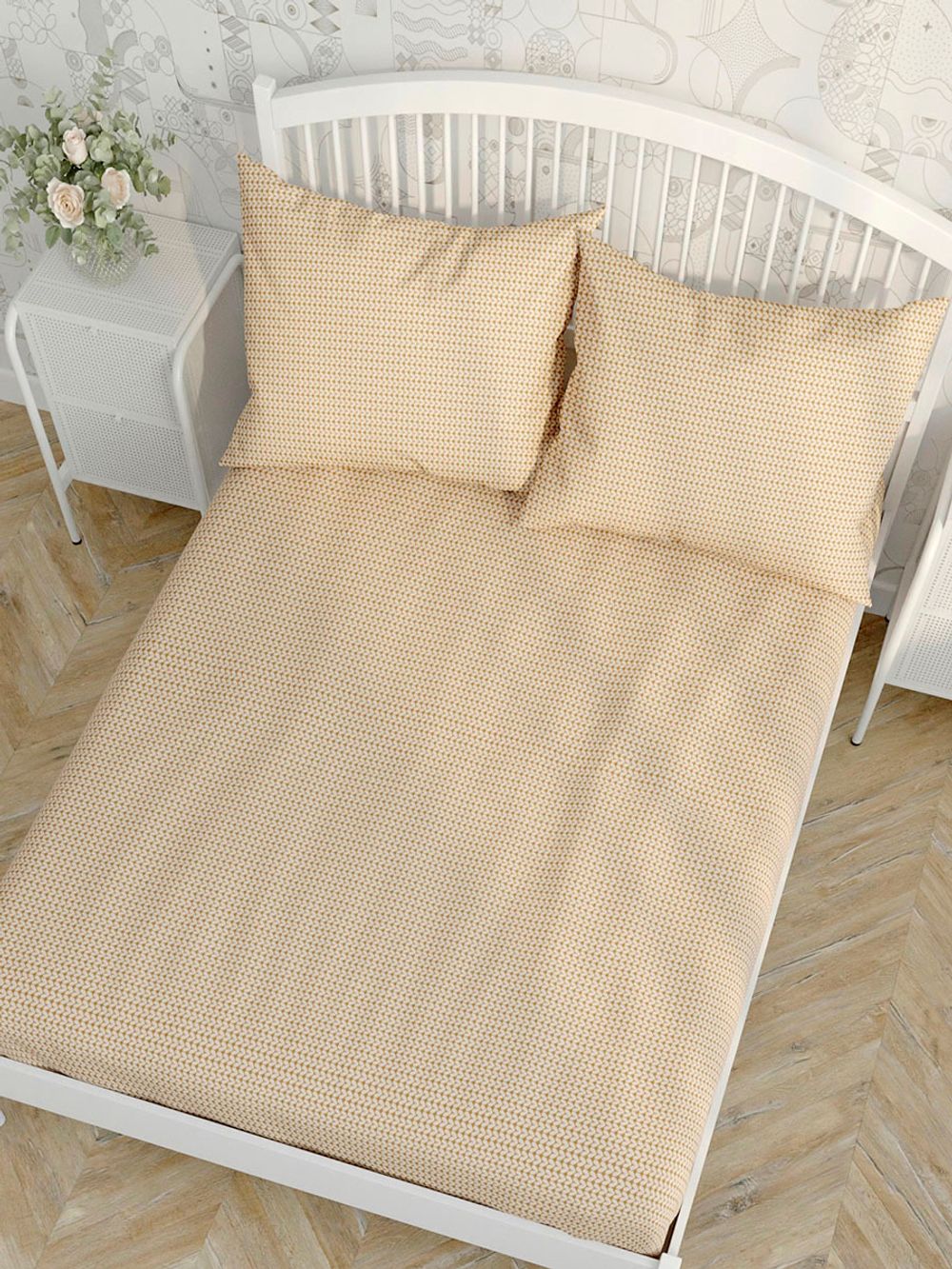Простынь на резинке Сказка "Вязание на бежевом" 120х200 см, перкаль
