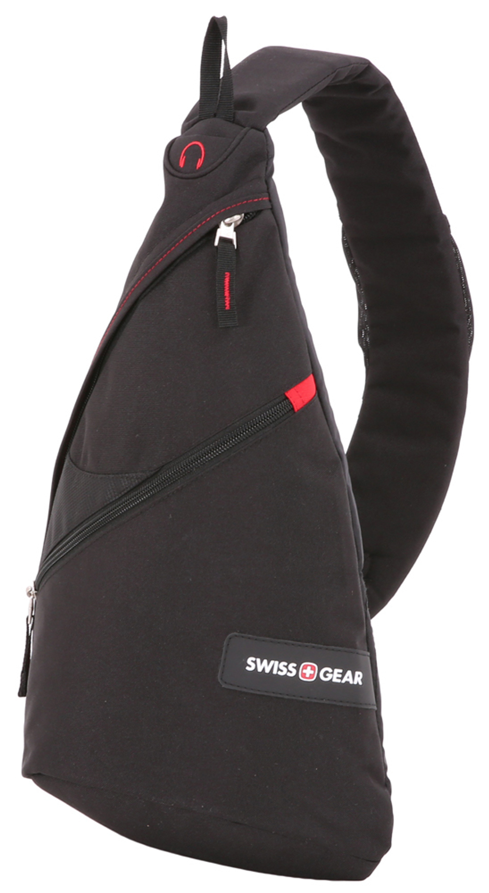 Качественный с гарантией прочный швейцарский рюкзак с одной лямкой (плечевым ремнём) чёрный с красным объёмом 7 л из полиэстера 900D с дополнительным отделением с карманом для MP3-плеера и отверстием для наушников WENGER 18302130