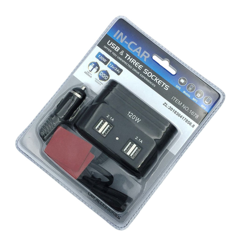 Разветвитель авто IN-CAR NO.1678 (4USB/3гнезда/120W)