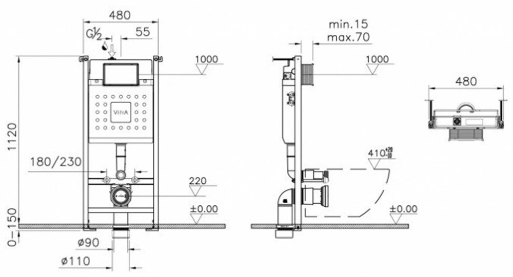 Инсталляция Vitra Core 732-5800-01 и панель смыва Root R 740-2280 цвет глянцевый хром (800-1873)