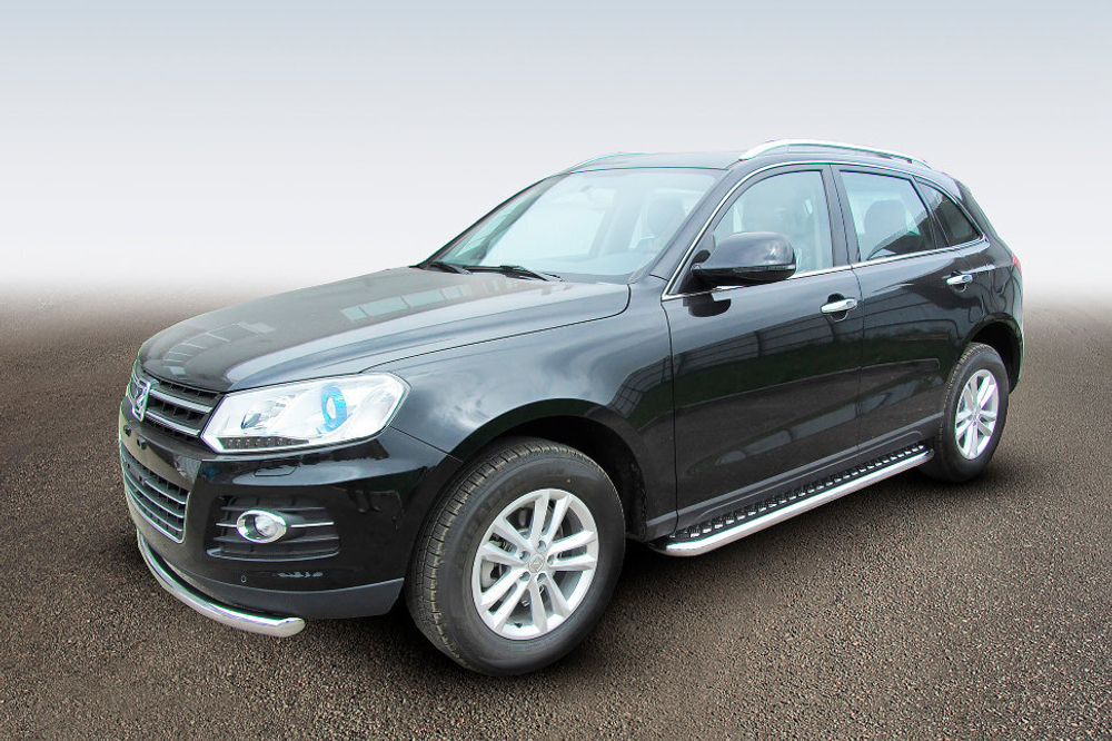Пороги из нержавейки Zotye T600 (2013-2023) d57 с алюминиевым листом