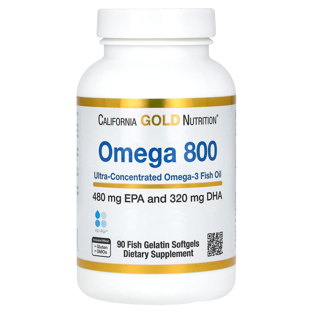 California Gold Nutrition, Omega 800, ультраконцентрированный рыбий жир с омега-3, в форме триглицеридов KD-pur, 90 капсул из рыбьего желатина (1000 мг в 1 капсуле)
