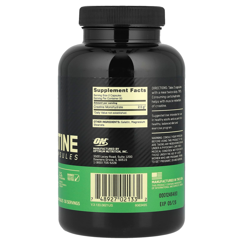 Optimum Nutrition, микронизированный креатин в капсулах, 100 капсул (1,25 г в 1 капсуле)