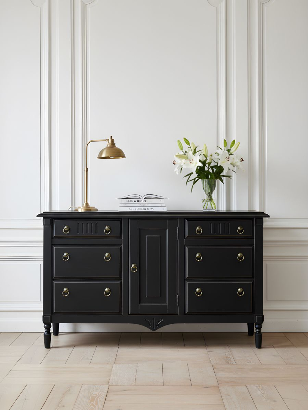 Комод 160х50х94, Джоли, с шестью ящиками для одежды, в спальню, прихожую, гостиную, массив березы, черный, Makosa