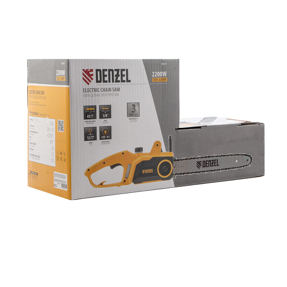 Пила цепная электрическая EDS-2200P, 2.2 кВт,поперечная, шина 45 см, шаг 3/8, паз 1.3 мм, 63 звена Denzel