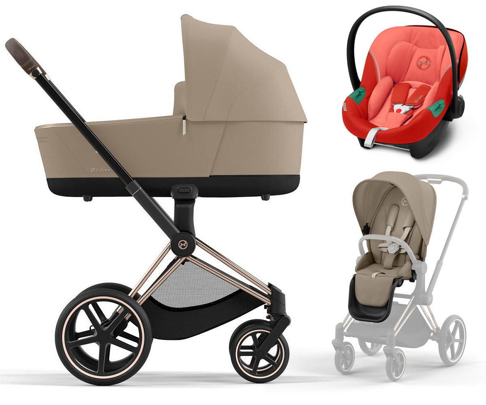 Коляска 3 в 1 Cybex Priam IV Rosegold complete и автокресло Aton S2 i-Size Hibiscus Red Cozy Beige