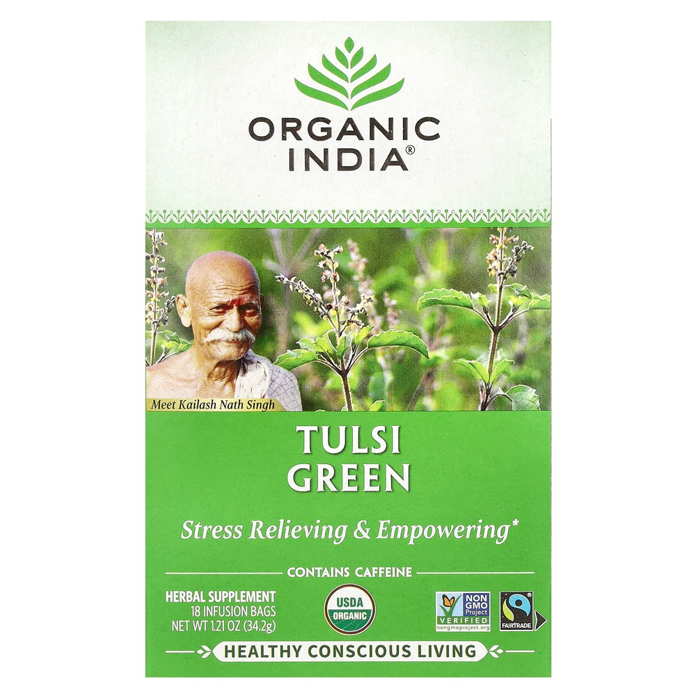 Organic India, чай с тулси, зеленый, 18 пакетиков, 34,2 г (1,21 унции)
