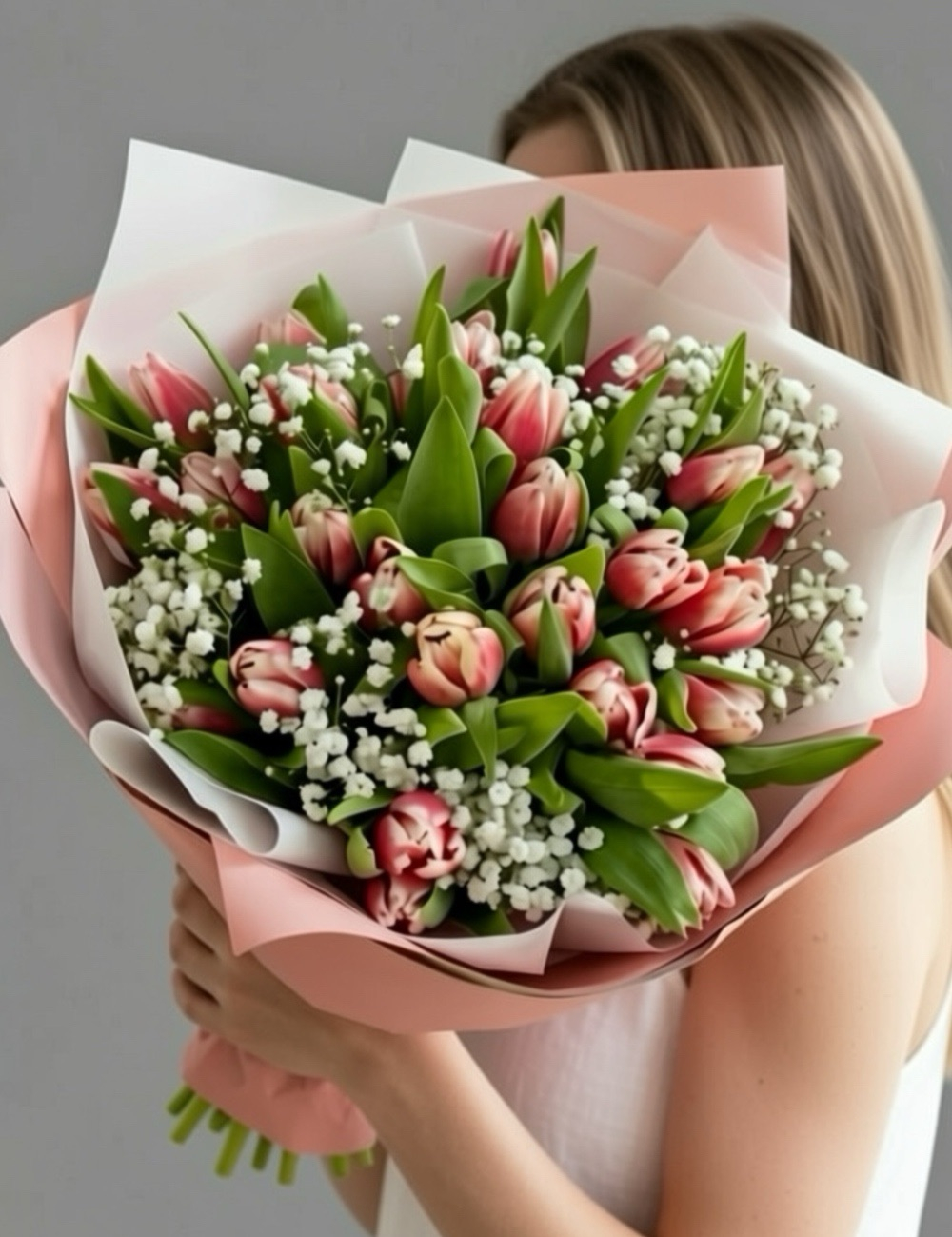 Букет из тюльпанов пионовидных с гипсофилой