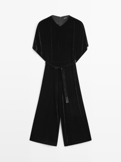 Massimo Dutti Бархатный комбинезон с поясом на шнуровке, черный