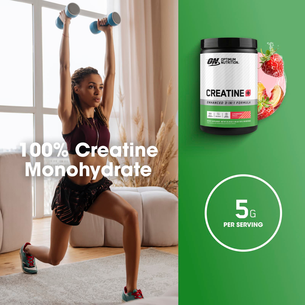 Optimum Nutrition, Creatine +, клубника и персик, 720 г (1,58 фунта)