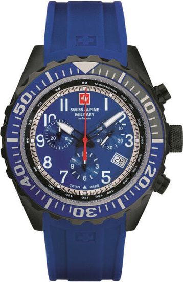 С ремешком Мужские наручные часы с синим силиконовым ремешком Swiss Alpine Military 7076.9875 chrono 44mm 10ATM