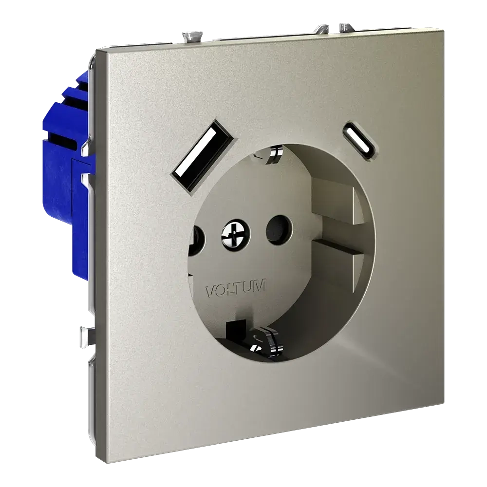 Розетка встраиваемая VOLTUM S70 с заземлением и защитными шторками, 16А, с USB, A+С, (шелк)