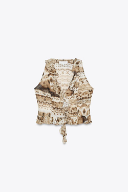 ZARA ТОП ИЗ ТКАНИ С ПРИНТОМ ТАЙ-ДАЙ С ВОЛАНАМИ, РАЗНОЦВЕТНЫЙ