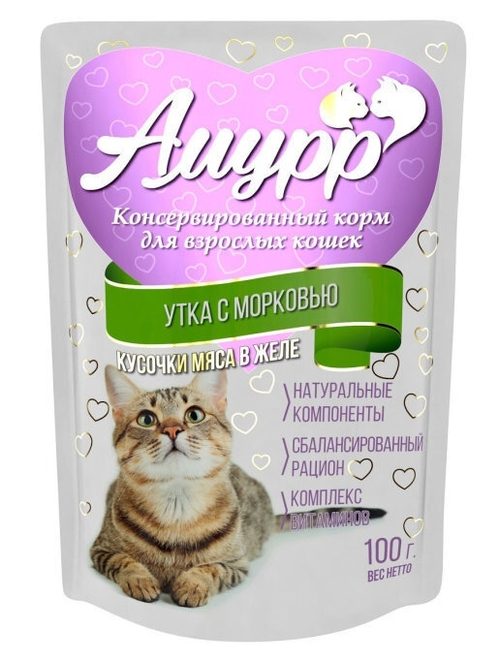 Амурр Влажный корм для взрослых кошек, утка с морковью в желе, 100 г