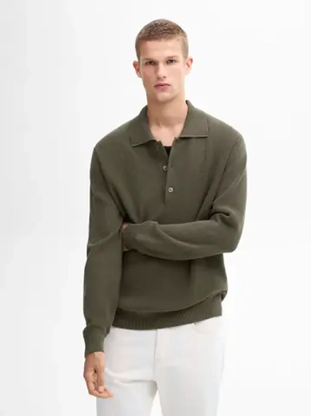 Massimo Dutti Хлопковый свитер с воротником поло, хаки