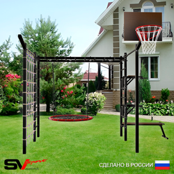 Уличная шведская стенка Sv Sport рукоход с комплектом турник прямой 2шт У5537К (Брусья/Стойка/Скамья/Гнездо 80см/Щит баскет/Кронш бокс/Сетка)