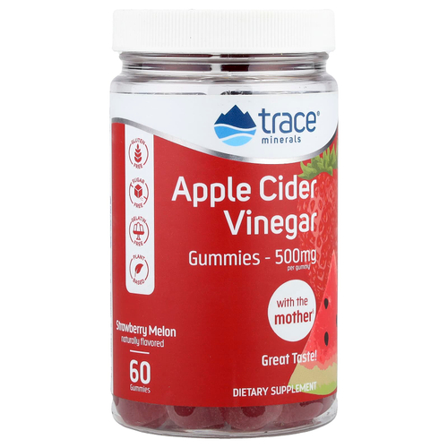 Trace, Жевательные мармеладки с яблочным уксусом, со вкусом клубники и дыни, 500 мг, 60 жевательных таблеток