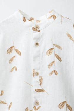 ZARA РУБАШКА С ВОРОТНИКОМ-СТОЙКОЙ И ПРИНТОМ «ЛИСТЬЯ», СВЕТЛО-БЕЖЕЫЙ