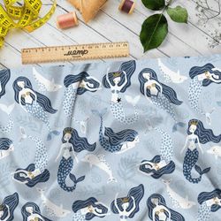 Ткань шелк Армани русалки с дельфинами