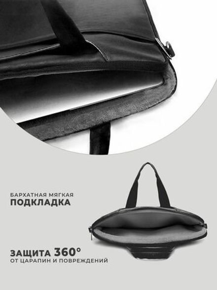 Легкая сумка для ноутбука 14" и 15,6" с карманом и ремнем на плечо (Черная экокожа)