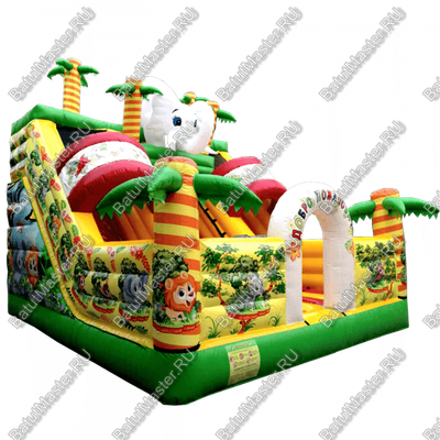 Надувной батут-горка "Слоник в джунглях с двумя горками с прямым скатом", 6*5*5.5 м