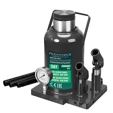 Домкрат бутылочный 50т с манометром (h min-280мм, h max-450мм) RockForce RF-TH905001 BIG