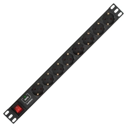 Блок розеток горизонтальный ExeGate ServerPro PDU-19H807 Al-8S-EU2-SW-SPD1 19", 1U, Алюминий 8 Schuko, кабель с евровилкой 2 метра выкл. с подсветкой SPD1, черный