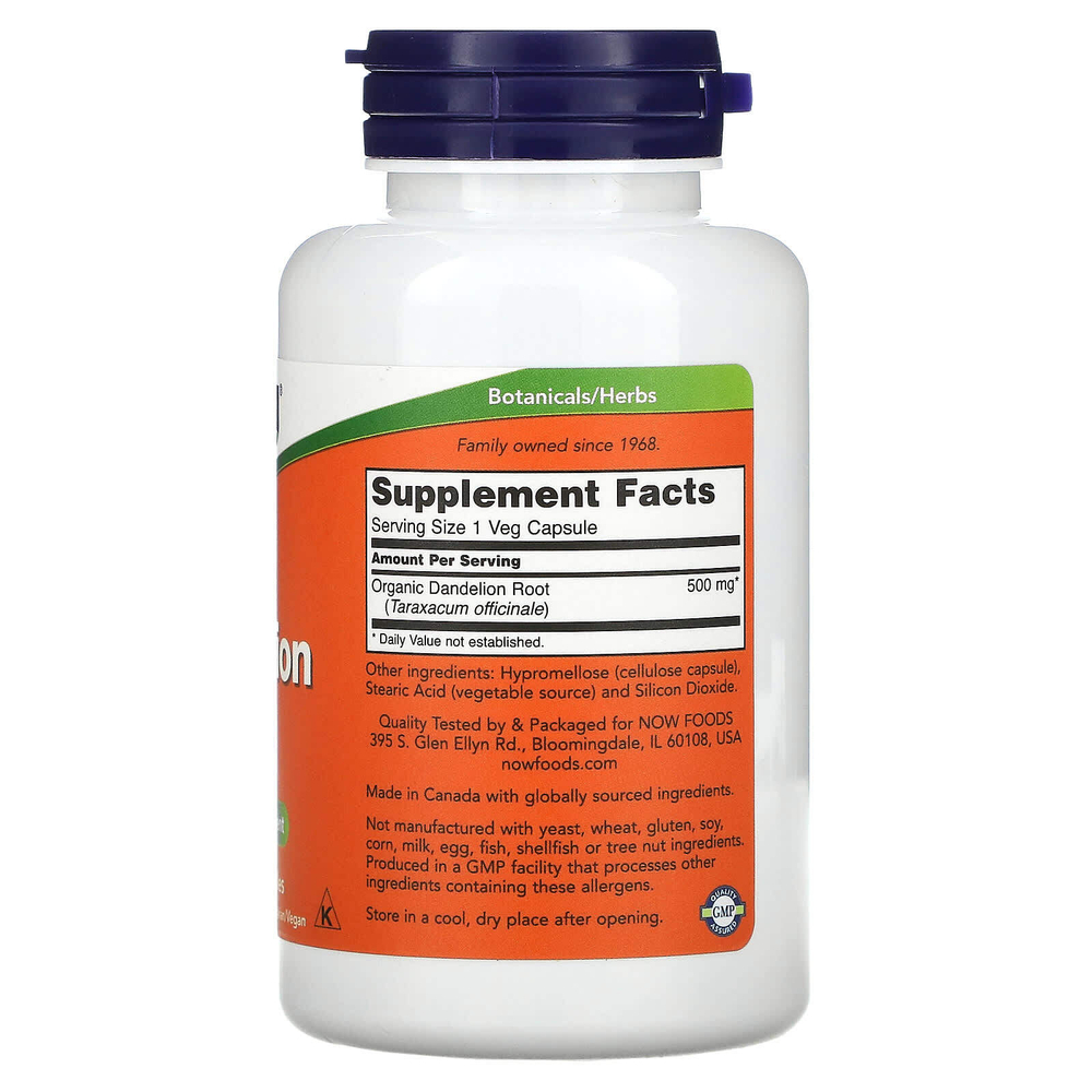 NOW Foods, корень одуванчика, 500 мг, 100 вегетарианских капсул
