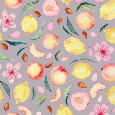 Абрикосы и лимоны. Акварельные фрукты на сером