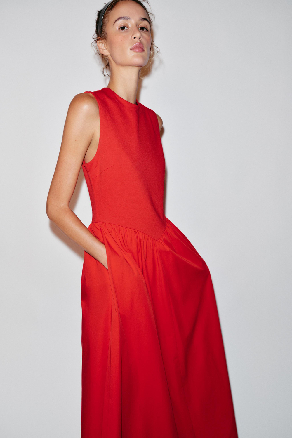 ZARA КОМБИНИРОВАННОЕ ПЛАТЬЕ МИДИ, КРАСНЫЙ