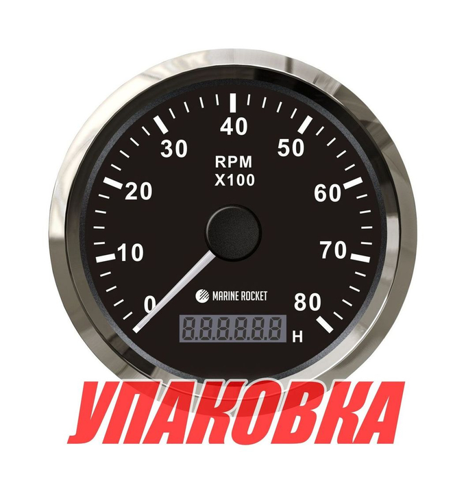 Тахометр 0-8000 об/мин со счетчиком моточасов делитель 1-10, черный циферблат, нержавеющий ободок, Marine Rocket (упаковка из 30 шт.)