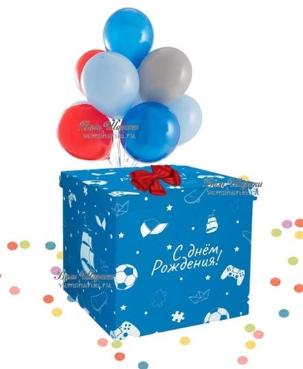 Коробка №13 "Голубая с детскими рисунками на 10 гелиевых шаров"