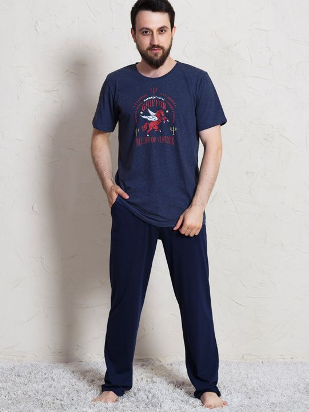 Мужской домашний комплект из меланжевой ткани (Размер: M) (Цвет: темно-синий)